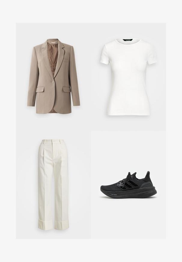 Bež blazer iz gladkega materiala, z režastim ovratnikom, zapiranjem na en gumb in dvema sprednjima žepoma, s kontrastno rjavo podlogo.; Bela bombažna majica s kratkimi rokavi, okroglim ovratnikom, prilegajočim krojem in gladko teksturo. Oznaka logotipa na ovratniku.; Bela krojena hlače z visokim pasom, dvema sprednjima pregiboma in širokimi nogami s prepognjenimi manšetami. Narejene so iz gladkega, teksturiranega blaga.; Črne atletske čevlje z zračnim pletenim zgornjim delom, teksturiranim dizajnom, zaščitnimi tremi črtami in debelim, oblazinjenim podplatom z oznako "LIGHT BOOST".
