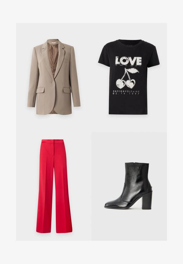 Béžový blazer vyrobený z hladkej tkaniny, so špicatými klopami, jedným zapínaním na gombík a dvoma prednými vreckami, s kontrastnou hnedou podšívkou.; Čierne bavlnené tričko s bielou grafickou potlačou slova "LÁSKA" a dvoch čerešní v tvare srdca, spolu s textom značky a dátumom.; Červené široké nohavice s hladkou textúrou, plochým pásom a štruktúrovaným designom, s plisovaním vpredu a upraveným strihom.; Čierna kožená kotníková obuv s hladkým povrchom, špicatou špičkou a masívnym vysokým podpätkom. Zdobená bočným otvorom a minimalistickým dizajnom.