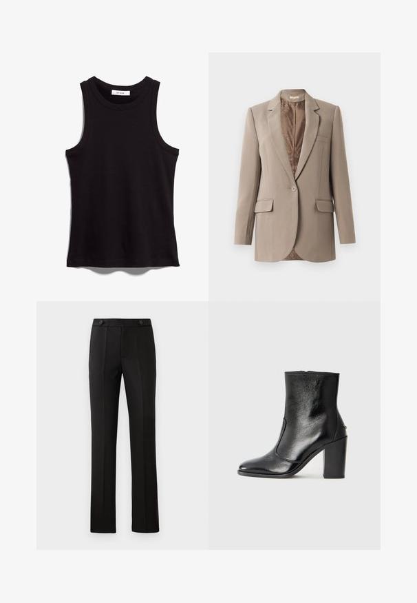 Beige blazer gemaakt van zachte stof, met een notch-kraag, enkele knoopsluiting en twee voorzakken, met een contrasterende bruine voering.; Zwarte tanktop van ribbelstof. Heeft een ronde halslijn en brede armsgaten. Rechte zoom met gestikte details. Eenvoudig ontwerp.; Zwarte op maat gemaakte broek met een rechte pijp, twee voorzakken, een knoopsluiting en plooien aan de voorkant. Glad textuur van de stof.; Zwarte leren enkelboot met een gladde textuur, spitse neus en een gedurfde hoge hak. Beschikt over een zijopening en een minimalistisch ontwerp.