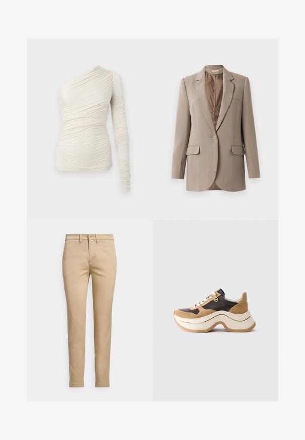 Sacou bej confecționat dintr-un material neted, cu revere înclinate, închidere cu un singur nasture și două buzunare frontale, având o căptușeală maro în contrast.; Top crem asimetric din material moale, cu un mânecă lungă și detalii fronsate pe toată suprafața. Design simplu și cambrat.; Pantaloni chino din bumbac bej, croială dreaptă, cu închidere cu nasturi, buzunare frontale și detalii cusute de-a lungul cusăturilor.; Adidași cu talpă groasă în bej și maroniu închis, cu accente din suede, șireturi albe și un mic farmec aurie MK pe lateral.