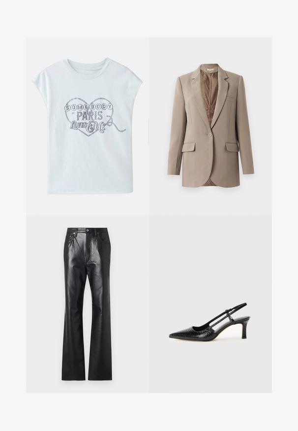 Bež sako napravljen od glatkog materijala, s reverom ušicem, zatvaranjem na jedan dugme i dva prednja džepa, s kontrastnom smeškom podstavom.; Svijetloplava pamučna majica kratkih rukava sa grafikom srca ukrašenom metalnim natpisom: "NETKO U PARIZU ME VOLI."; Crne kožne hlače s glatkom teksturom, krojem s flared nogavicama, prednjim patentnim zatvaračem i petljama za remen. Imaju suptilne detalje šivanja.; Crne lakirane slingback pete s oštrim vrhom, s teksturiranim uzorkom zmijske kože, podesivom remenom i kratkom, teksturiranom blok-petom.