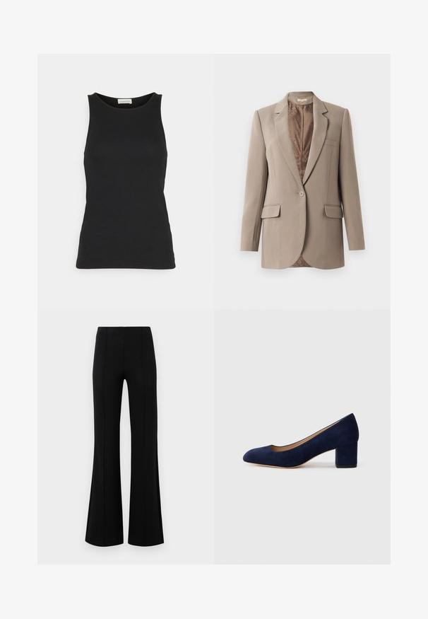 Beige kavaj i slät tyg, med slagkrage, enfärgad knäppning och två framfickor, med en kontrasterande brun foder.; Svart ärmlös topp i ett mjukt och lätt tyg. Har en rundad halsringning och en figursydd siluett med minimala sömdetaljer.; Svarta vida byxor med hög midja, tillverkade av elastiskt tyg. Har vertikala sömmar framtill och en jämn yta.; Mörkblå mockapumps med spetsig tå och medelhög blockklack. Slät textur med en subtil glans och en liten utskärning framtill.