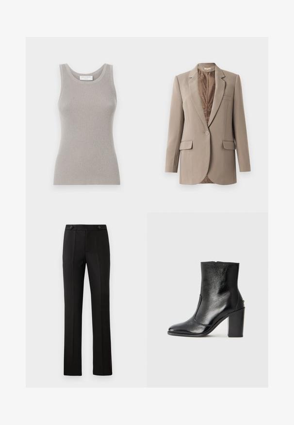 Blazer beige realizzato in tessuto liscio, con un colletto a rotondo, chiusura con un bottone singolo e due tasche frontali, con una fodera marrone a contrasto.; Top in cotone grigio a coste con scollo tondo e spalline larghe. Presenta una texture morbida e un design aderente. Etichetta del marchio visibile.; Pantaloni neri su misura con gamba dritta, due tasche frontali, chiusura con bottone e dettagli con pieghe sul davanti. Tessuto morbido.; Stivale alla caviglia in pelle nera, con una superficie liscia, punta affilata e tacco alto e massiccio. Presenta una apertura laterale e un design minimalista.