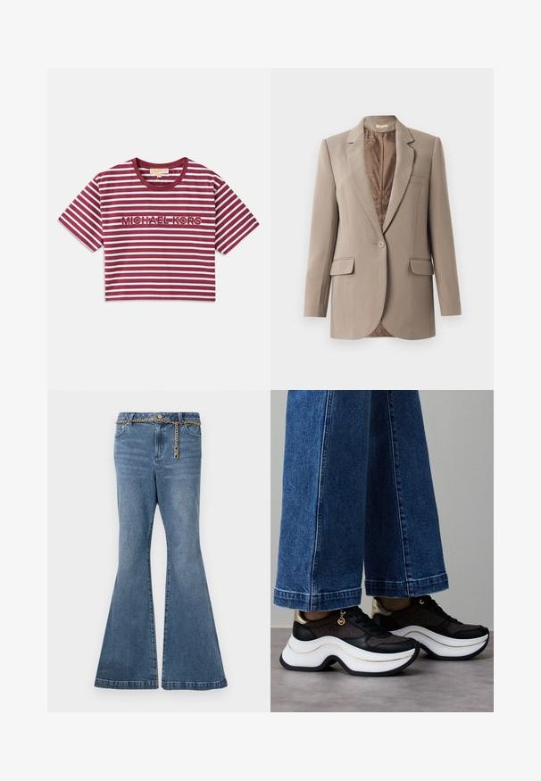 Blazer beige en tissu lisse, avec un revers à cran, fermeture à un bouton, et deux poches avant, avec une doublure marron contrastante.; T-shirt court à manches courtes présentant des rayures horizontales bordeaux et blanches, avec "MICHAEL KORS" brodé au centre.; Jean flare en denim délavé moyen, avec un détail en chaîne dorée à la taille et une conception standard à cinq poches.; Baskets noires et dorées avec une semelle blanche incurvée. Tissu texturé avec des accents de logo. Associées à un pantalon en denim bleu large.