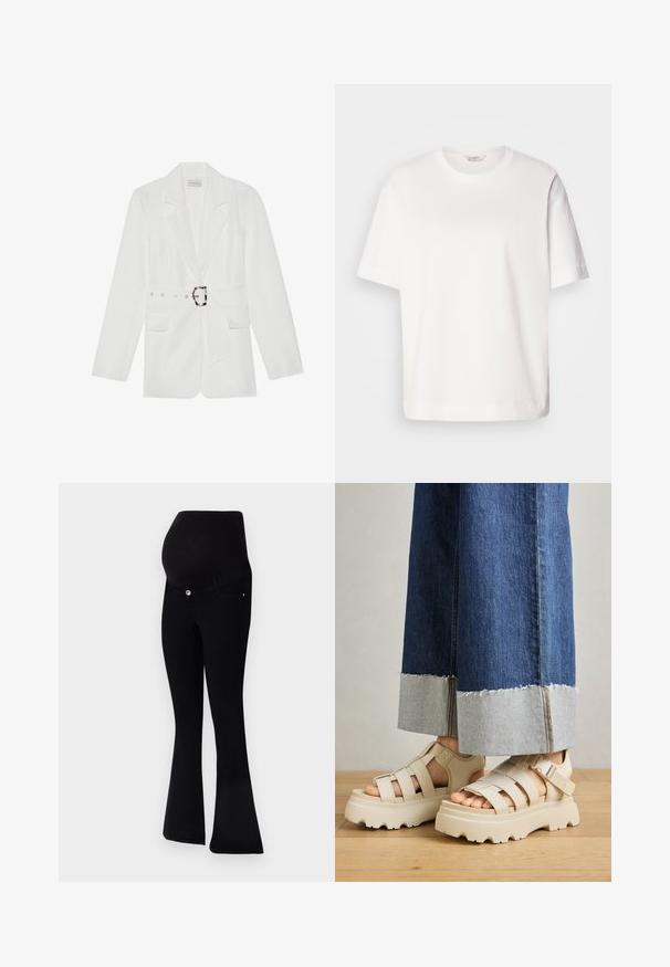 Vit blazer med bälte i midjan, två framfickor, snedskurna slag och en strukturerad tygyta. Har silverfärgade detaljer vid bältet.; Vit bomullströja med korta ärmar, rund halsringning, avslappnad passform och slät textur; inga mönster eller synlig hårdvara.; Svarta gravidjeans med en utsvängd benstil, mjukt tyg, hög midja för stöd och framknäppning.; Beiga plattformssandaletter med tjocka sulor har en remdesign och justerbara ankelremmar. Bärs med vida jeansbyxor, där ena fållen är trasig.