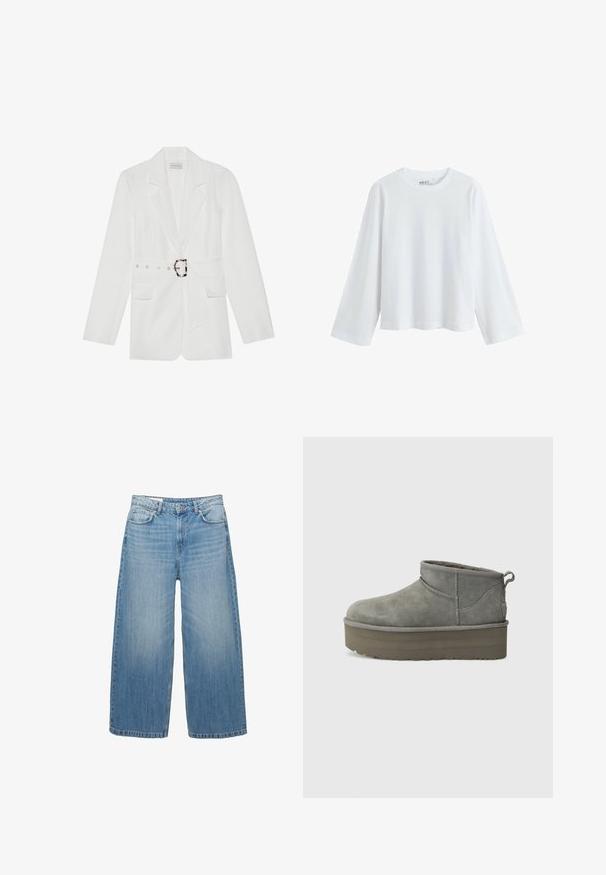 Biały żakiet z paskiem w talii, dwoma przednimi kieszeniami, wyłogami i teksturowanym materiałem. Posiada srebrne akcesoria na pasku.; Biały, długi rękaw t-shirt wykonany z miękkiej bawełny, z okrągłym dekoltem i luźnym krojem na ramionach, o wygodnym kroju i bez widocznych wzorów.; Jasnoniebieskie dżinsy o szerokich nogawkach, wykonane z denimu, charakteryzujące się klasycznym pięciopocketowym fasonem i zapięciem na guzik. Przez cały materiał widoczny jest efekt wypłowienia.; Szare zamszowe botki do kostki z okrągłym noskiem, niskim cięciem i grubą platformą. Posiadają pętelkę przy pięcie oraz przeszycia.