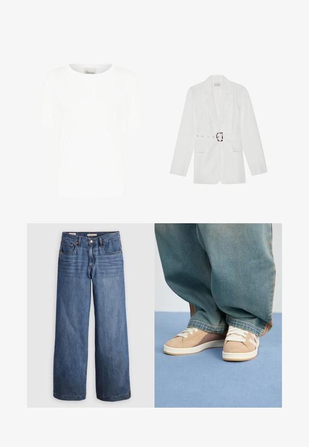 Fehér blézer övvel a deréknál, két elülső zsebbel, csúcsos hajtókákkal és struktúrált anyaggal. A derék övén fémből készült elemek találhatóak.; Fehér, rövid ujjú póló, puha pamutból készült, kerek nyakkivágással és laza szabással, látható minták vagy díszítések nélkül.; Kék denim anyagú, széles szárú farmernadrág, magas derékkal, öt zsebbel és kontrasztos narancssárga varrással. Sima textúrájú, díszítés nélkül.; Beige sportcipők, velúrból és szövetből készültek, fehér fűzőkkel, világosbarna díszítéssel és texturált talppal. Laza kék farmernadrággal viselve.