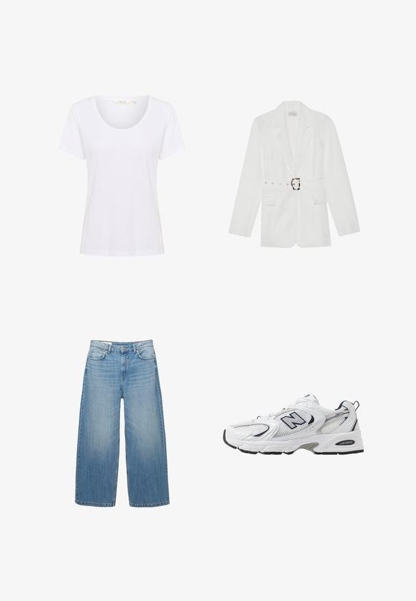 Blazer bianco con vita regolabile da cintura, due tasche frontali, revers appuntiti e tessuto testurizzato. Presenta dettagli in metallo argentato sulla cintura.; T-shirt bianco a maniche corte con scollatura rotonda, realizzato in tessuto fluido, caratterizzato da una vestibilità comoda e senza motivi o dettagli visibili.; Jeans a gamba larga di un blu chiaro in denim, con un classico design a cinque tasche e chiusura con bottone. Texture scolorita in tutta la superficie.; Scarpa sportiva bianca con tomaia in mesh, dettagli in blu marino e suola imbottita. Presenta il logo "N", lacci e dettaglio texturizzato sul lato.