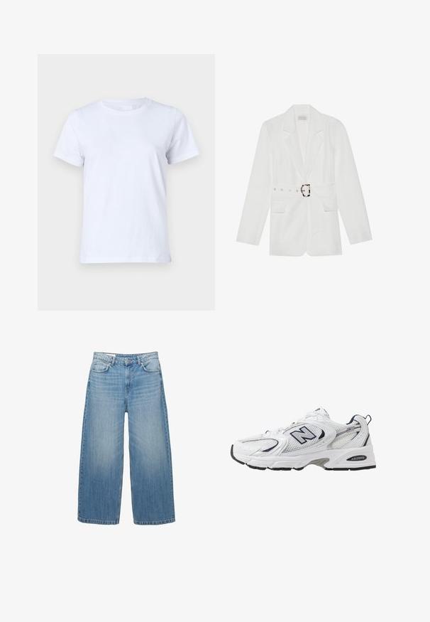 Hvid blazer med bælte i taljen, to forlommer, spidse klapslag og et tekstureret stof. Har sølvfarvet hardware på bæltet.; Hvid bomulds T-shirt, korte ærmer, klassisk crew neck design, ensartet tekstur uden mønstre eller accenter, standard pasform, enkel og alsidig.; Lys blå brede jeans lavet af denim, med et klassisk fem-lomme design og en knaplukning. Har en falmet struktur over det hele.; Hvide sportsko med netoverdel, marineblå detaljer og polstret sål. Har "N" logo, snørebånd og struktureret detalje på siden.
