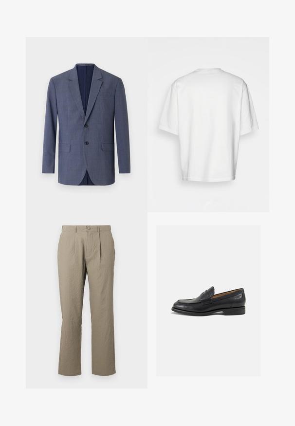 Sötétkék blézer texturált anyagból, diszkrét kockás mintával, két elülső zsebből és két gombból áll az elején.; Fehér, rövid ujjú pamut póló kerek nyakkivágással. Egyszerű kialakítás, minta vagy díszítés nélkül, hátulnézetből.; Beige színű nadrág, texturált felülettel, egyenes szabással, elülső gyűrődésekkel és egy gombos derékrésszel.; Fekete bőr loaferek sima felülettel, lekerekített orral és díszítő varrással a lábfejen. Alacsony, réteges sarkú és enyhe fényű.