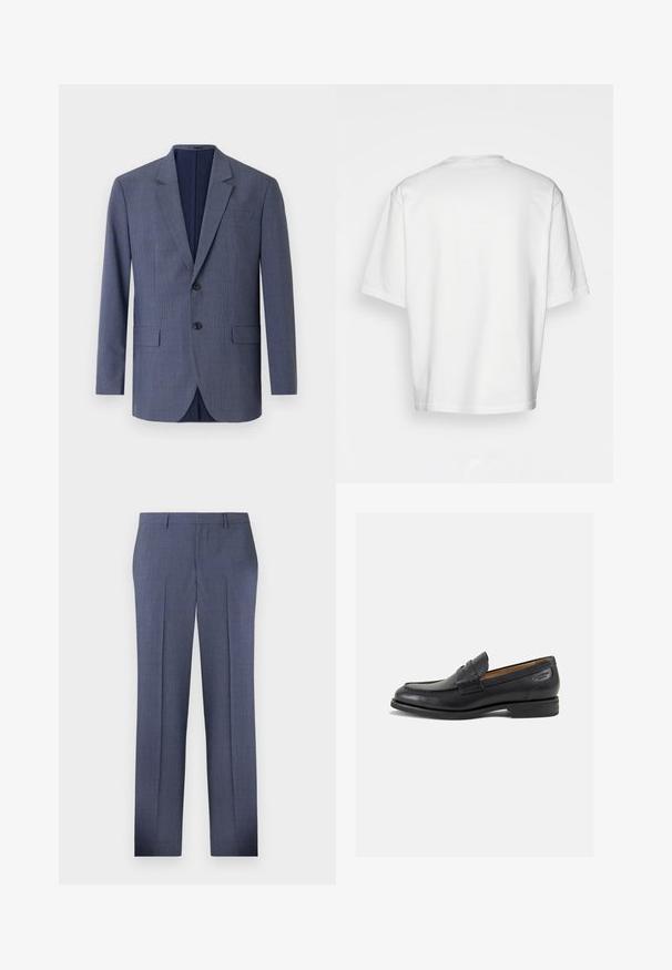 Mørkeblå blazer laget av strukturert stoff, med et subtilt rutemønster, to frontlommer og to knapper foran.; Hvit t-skjorte med korte ermer, løs passform, rund hals, glatt bomullsstoff, udekorerte bak, rett nederkant, ingen mønstre eller detaljer.; Skreddersydde blå bukser med en teksturert rutemønster, med rette ben, presskant og sidelommer. Laget av lett stoff.; Sorte lær loafers med en glat overflade, rund tå og dekorativ syning på forfoden. Lav stablet hæl og let glans.