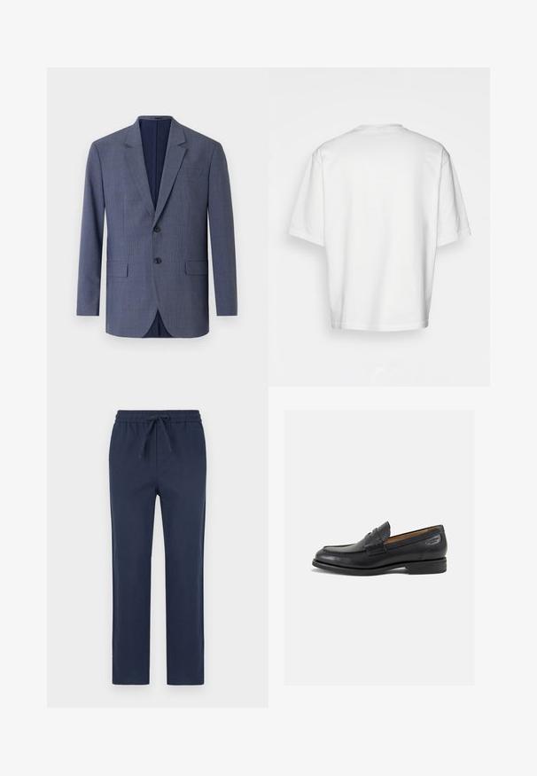 Blazer blu navy realizzato in tessuto testurizzato, caratterizzato da un sottile motivo a quadri, due tasche frontali e due bottoni sul davanti.; Maglietta bianca a maniche corte con scollo rotondo, realizzata in cotone. Design semplice, senza motivi o accenti, vista da dietro.; Pantaloni navy in tessuto elasticizzato con vita regolabile, design a gamba dritta, texture liscia e senza motivi visibili o dettagli in metallo.; Mocassini in pelle nera con finitura liscia, punta arrotondata e cuciture decorative sulla tomaia. Tacco basso impilato e leggero lucido.