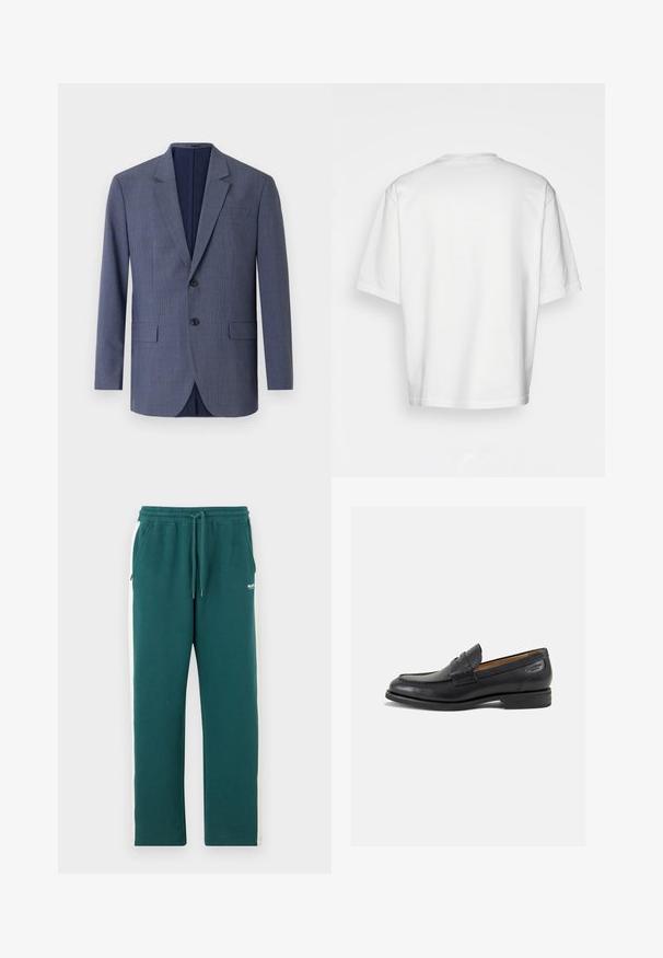 Navy blue blazer made of textured fabric, featuring a subtle checked pattern, two front pockets, and two buttons on the front.; White, short-sleeved t-shirt with a round neckline, made from cotton. Simple design, no patterns or accents, viewed from the back.; Green sweatpants with a drawstring waist, side pockets, and cream-colored side stripes; made from soft, textured cotton material.; Black leather loafers with a smooth finish, rounded toe, and decorative stitching on the vamp. Low stacked heel and slight shine.