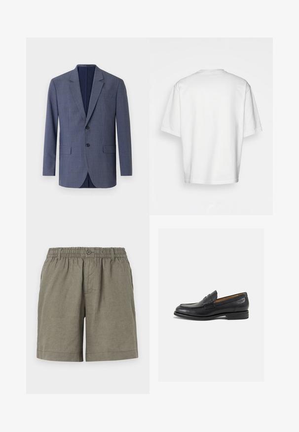Mørkeblå blazer laget av strukturert stoff, med et subtilt rutemønster, to frontlommer og to knapper foran.; Hvit t-skjorte med korte ermer og rund hals, laget av bomull. Enkel design uten mønstre eller detaljer, sett bakfra.; Kaki shorts i lett materiale med elastisk midje og knappeclosure. Har et rett ben-design og oppbrettet hem.; Sorte lær loafers med en glat overflade, rund tå og dekorativ syning på forfoden. Lav stablet hæl og let glans.