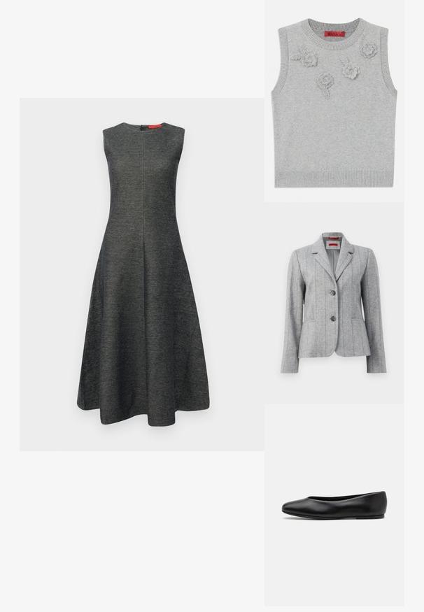 Grå skræddersyet blazer med slagkrave, to frontknapper, lodrette stikninger og frontlommer, præsenteret på en hvid baggrund.; Lys grå ærmeløs sweater med ribbet halsudskæring og kant. Har tre strukturerede blomsterapplikationer foran. Mærke: MAX&Co.; Grå ærmeløs kjole med en udvidet silhuet, lavet af tekstureret stof. Har en skjult lynlås i ryggen og en glat udskæring.; Paul Smith TOPANGA - Ballerinasko - black