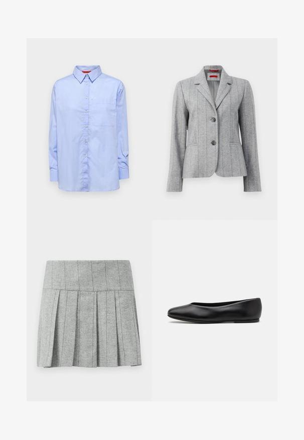 Grijze op maat gemaakte blazer met reverskraag, twee frontknopen, verticale gestikte naden en voortassen, weergegeven op een witte achtergrond.; Lichtgrijze mouwloze trui met een geribbelde halslijn en zoom. Bevat drie textuurrijke bloemapplicaties op de voorkant. Merklabel: MAX&Co.; Lichtblauwe blouse met lange mouwen, een button-down kraag, een borstzak en een gladde stofstructuur. Heeft knopen langs de voorkant.; Grijze geplooide rok gemaakt van stof met een haringbone-patroon; heeft een gestructureerde tailleband en een rechte snit aan de onderkant.; Paul Smith TOPANGA - Ballerina's - black