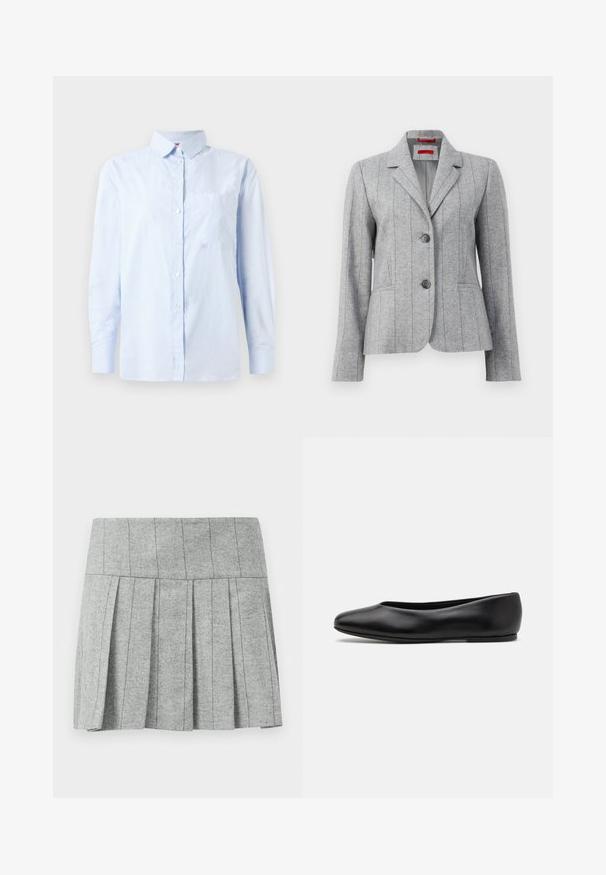 Sivi odijelo s reverima, dvostrukim prednjim gumbima, vertikalnim šavovima i prednjim džepovima, prikazano na bijeloj pozadini.; Svijetlosivi bezrukavni pulover s rebrastim ovratnikom i rubom. Sadrži tri teksturirane cvjetne aplikae sprijeda. Brend: MAX&Co.; Svijetloplava košulja dugih rukava s diskretnim vertikalnim prugama i džepom na prsima, prikazana na bijeloj pozadini.; Siva plisirana suknja napravljena od tkanine s uzorkom riblje kosti; ima strukturiranu pasicu i ravni kroj na dnu.; Paul Smith TOPANGA - Balerinke - black