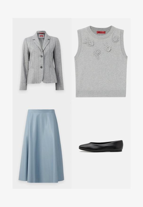 Grau taillierter Blazer mit Reverskragen, zwei vorderen Knöpfen, vertikalen Nahtnähten und Fronttaschen, auf einem weißen Hintergrund präsentiert.; Hellgrauer ärmelloser Pullover mit einem gerippten Hals- und Saumabschluss. Verfügt über drei strukturierte Blumenapplikationen auf der Vorderseite. Markenlabel: MAX&Co.; Ein hellblauer, ausgestellter Rock aus glattem Material, der ein minimalistisches Design mit einer klaren Taille und ohne sichtbare Verschlüsse aufweist.; Paul Smith TOPANGA - Klassischer Ballerina - black