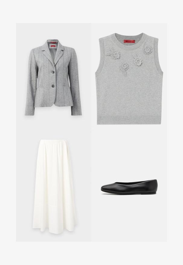 Grau taillierter Blazer mit Reverskragen, zwei vorderen Knöpfen, vertikalen Nahtnähten und Fronttaschen, auf einem weißen Hintergrund präsentiert.; Hellgrauer ärmelloser Pullover mit einem gerippten Hals- und Saumabschluss. Verfügt über drei strukturierte Blumenapplikationen auf der Vorderseite. Markenlabel: MAX&Co.; Weiße, knöchellange Röcke aus leichtem Stoff mit einem gerafften Gummibund und einem ausgestellten Saum, die eine glatte Textur aufweisen.; Paul Smith TOPANGA - Klassischer Ballerina - black