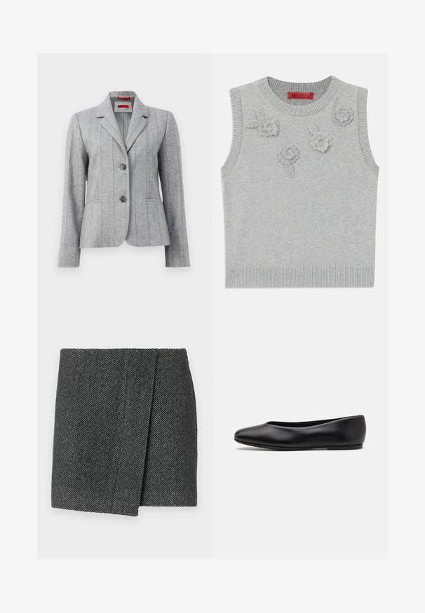 Hallitatud hall bleiser, millel on krae, kaks esimest nuppu, vertikaalsed õmblused ja esikotid, esitatud valgel taustal.; Helehall hallide ja äärega heledat halli lühikeste varrukatega kampsunit. Ees on kolm tekstuurset lilleaplikatsiooni. Brändi silt: MAX&Co.; Hall hõlmade mustriga seelik, millel on vöödisain, tekstuuriga kanga ja sirge ning puhta servaga lõige.; Paul Smith TOPANGA - Baleriinad - black