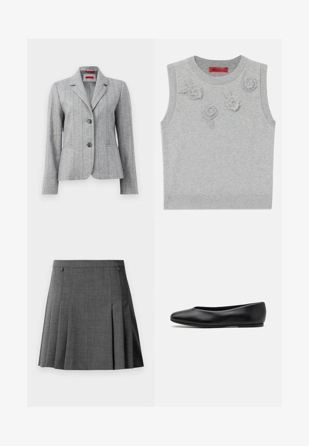 Sacou gri, croit, cu guler în formă de rever, două nasturi frontali, cusături verticale și buzunare frontale, expus pe un fundal alb.; Pulover fără mâneci de culoare gri deschis, cu guler și tiv cu aspect texturat. Prezintă trei aplicații florale texturate pe față. Etichetă de marcă: MAX&Co.; Fustă plisată gri cu talie ajustată, realizată dintr-un material neted, de greutate medie.; Paul Smith TOPANGA - Balerini - black