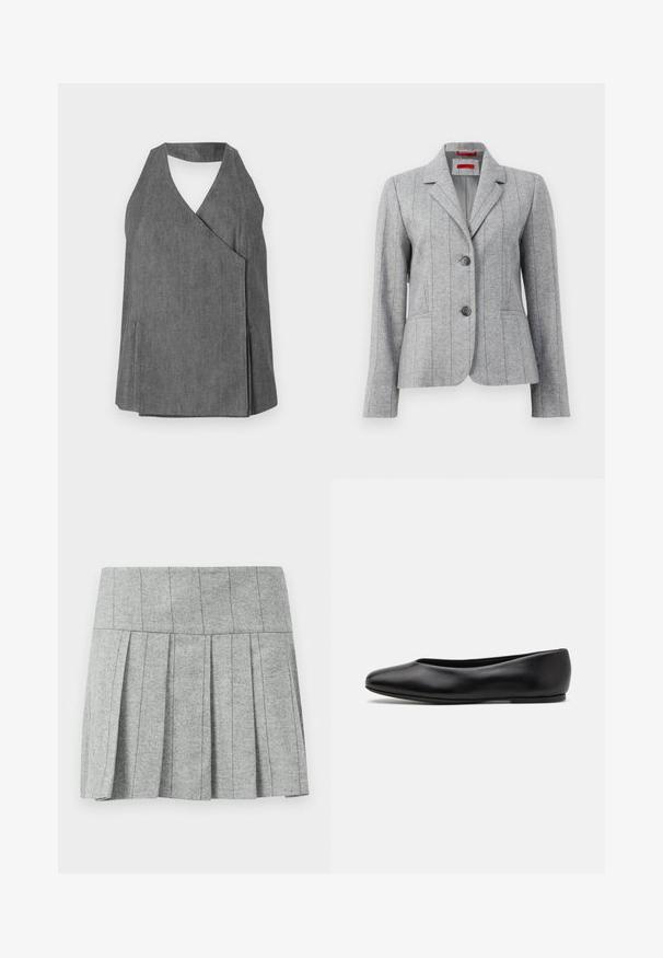 Blazer gris ajusté avec col revers, deux boutons à l'avant, coutures verticales et poches avant, présenté sur un fond blanc.; Pull sans manches gris clair avec un col et un ourlet côtelés. Présente trois appliqués floraux texturés sur le devant. Étiquette de la marque : MAX&Co.; Haut en jean gris à bretelles avec un design enroulé, présentant un décolleté en V et des fentes sur les côtés. Texture lisse avec des détails de couture subtils.; Jupe plissée grise en tissu à motif chevrons ; dotée d'une taille structurée et d'une coupe droite en bas.; Paul Smith TOPANGA - Ballerines - black