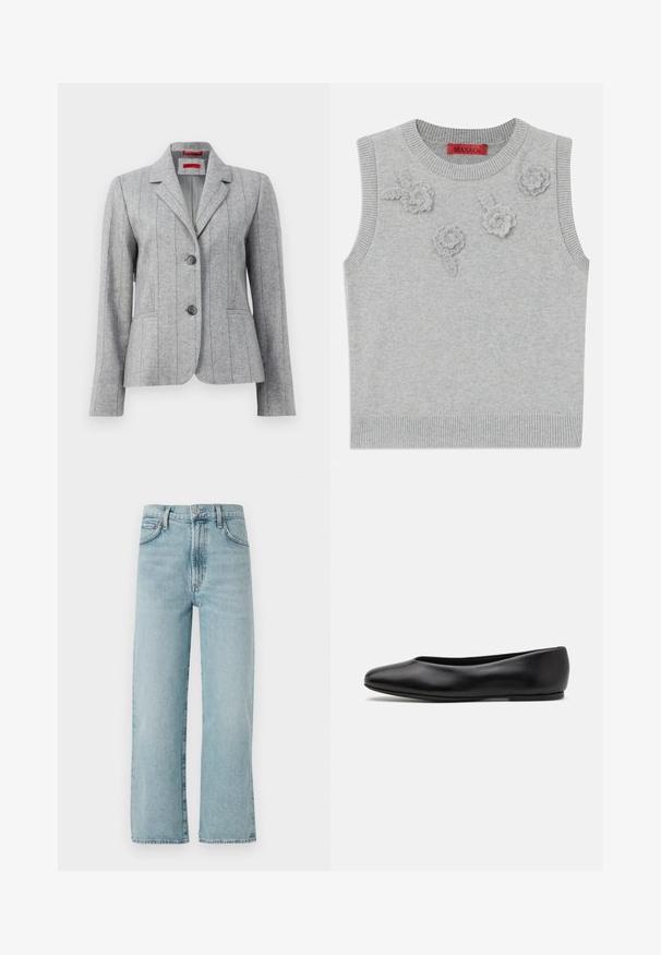 Grey tailored blazer with lapel collar, two front buttons, vertical stitched seams, and front pockets, displayed on a white background.; Light grey sleeveless sweater with a ribbed neckline and hem. Features three textured floral appliqués on the front. Brand label: MAX&Co.; Light blue straight-leg jeans made from denim, featuring a high waist, a front button closure, and subtle fading on the fabric.; Paul Smith TOPANGA - Ballet pumps - black