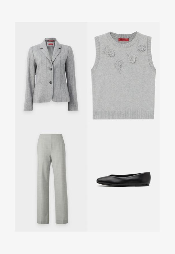 Hallitatud hall bleiser, millel on krae, kaks esimest nuppu, vertikaalsed õmblused ja esikotid, esitatud valgel taustal.; Helehall hallide ja äärega heledat halli lühikeste varrukatega kampsunit. Ees on kolm tekstuurset lilleaplikatsiooni. Brändi silt: MAX&Co.; Hallitatud hallid püksid sirge lõikega, valmistatud tekstureeritud kangast. Ombes pehme vööosa ja puhas, minimalistlik viimistlus.; Paul Smith TOPANGA - Baleriinad - black