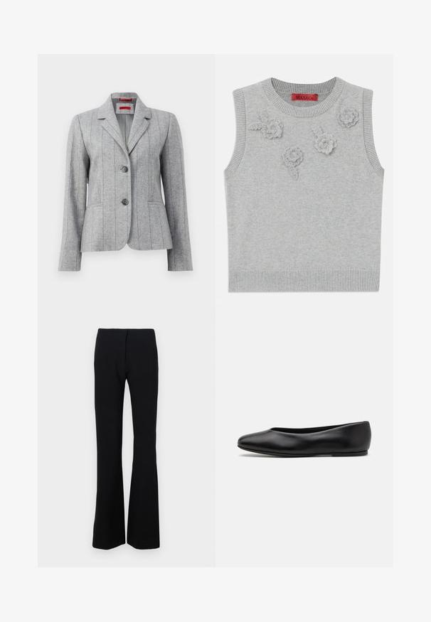 Grey tailored blazer with lapel collar, two front buttons, vertical stitched seams, and front pockets, displayed on a white background.; Light grey sleeveless sweater with a ribbed neckline and hem. Features three textured floral appliqués on the front. Brand label: MAX&Co.; Black flared trousers in stretch fabric with a smooth texture and a fitted waist. No visible closures or patterns.; Paul Smith TOPANGA - Ballet pumps - black