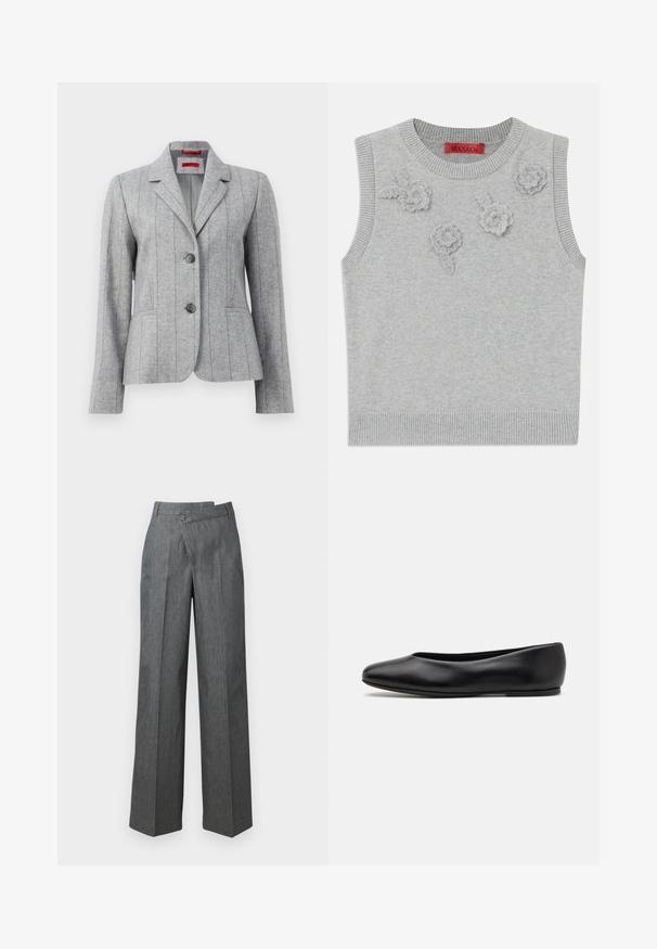 Pilkas pritaikytas švarkas su atlenkiamu apykakle, dviem priekiniais mygtukais, vertikaliais siūlėmis ir priekinėmis kišenėmis, pristatytas ant balto fono.; Šviesiai pilkas liemenės tipo megztinis be rankovių su gipiūro apykakle ir apačia. Priekyje yra trys tekstūriniai gėlių aplikacijos. Prekės ženklas: MAX&Co.; Platus kelnes tamsiai pilkos spalvos audinyje, su aukštu liemeniu, priekiniais raukiniais ir viena mygtuko uždarymo sistema šone.; Paul Smith TOPANGA - Balerinos stiliaus laivutės - black