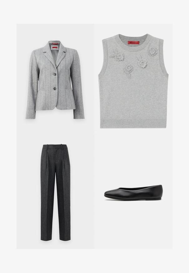 Grey tailored blazer with lapel collar, two front buttons, vertical stitched seams, and front pockets, displayed on a white background.; Light grey sleeveless sweater with a ribbed neckline and hem. Features three textured floral appliqués on the front. Brand label: MAX&Co.; Tailored trousers in dark gray fabric with light pinstripes, featuring a straight cut, front pleats, and a smooth texture.; Paul Smith TOPANGA - Ballet pumps - black