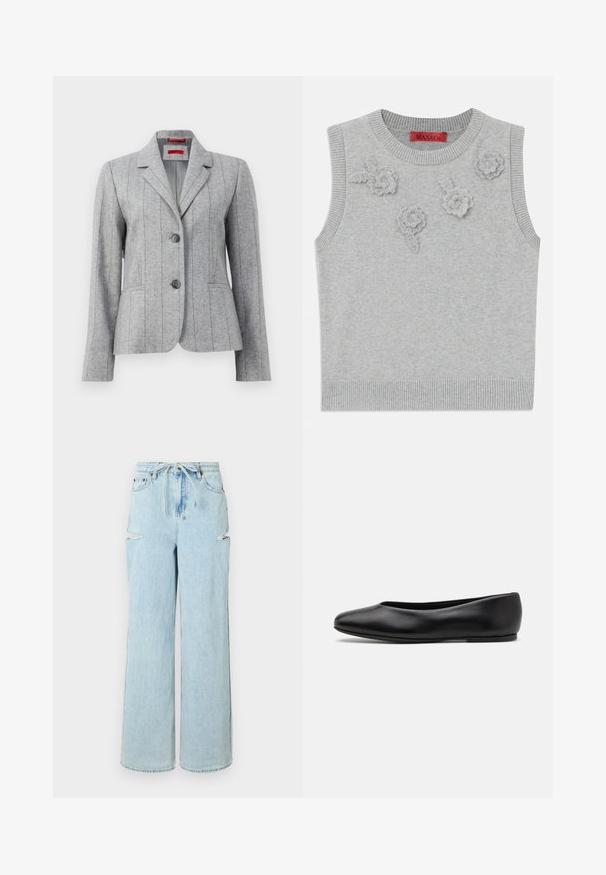 Pilkas pritaikytas švarkas su atlenkiamu apykakle, dviem priekiniais mygtukais, vertikaliais siūlėmis ir priekinėmis kišenėmis, pristatytas ant balto fono.; Šviesiai pilkas liemenės tipo megztinis be rankovių su gipiūro apykakle ir apačia. Priekyje yra trys tekstūriniai gėlių aplikacijos. Prekės ženklas: MAX&Co.; Šviesiai mėlyni džinsai su plačiomis kojomis ir stringu ant juosmens, su dviem siūlėmis prie kelio ir švariu kraštu. Minkšta tekstūra, pasižyminti laisvu pritaikymu.; Paul Smith TOPANGA - Balerinos stiliaus laivutės - black