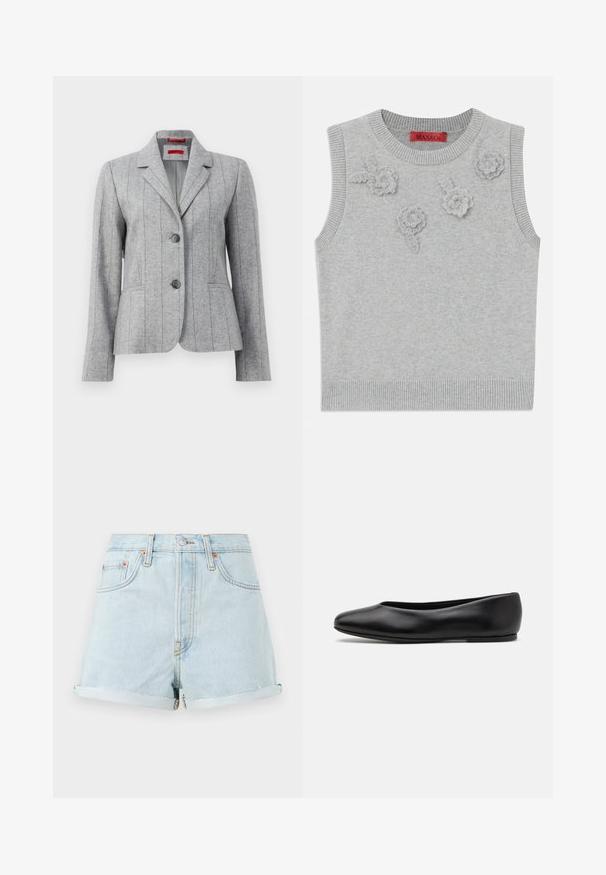 Blazer gris a medida con solapa, dos botones frontales, costuras verticales, y bolsillos frontales, exhibido sobre un fondo blanco.; Suéter sin mangas de color gris claro con un cuello y dobladillo acanalados. Presenta tres aplicaciones florales texturizadas en la parte frontal. Etiqueta de la marca: MAX&Co.; Shorts de mezclilla azul claro con talle alto, con puños doblados, remaches de cobre y cremallera frontal. Presenta un estilo clásico de cinco bolsillos.; Paul Smith TOPANGA - Bailarinas - black