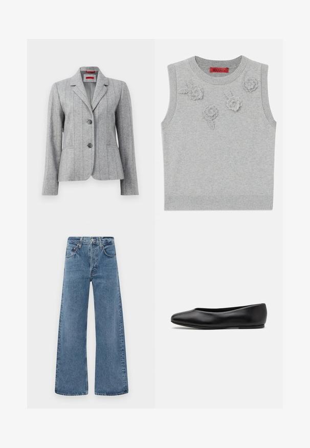 Grau taillierter Blazer mit Reverskragen, zwei vorderen Knöpfen, vertikalen Nahtnähten und Fronttaschen, auf einem weißen Hintergrund präsentiert.; Hellgrauer ärmelloser Pullover mit einem gerippten Hals- und Saumabschluss. Verfügt über drei strukturierte Blumenapplikationen auf der Vorderseite. Markenlabel: MAX&Co.; Weite Denim-Jeans in Blau mit einem klassischen Fünf-Taschen-Design, Knopfverschluss und verblaßter Textur, mit rohen Saumkanten.; Paul Smith TOPANGA - Klassischer Ballerina - black