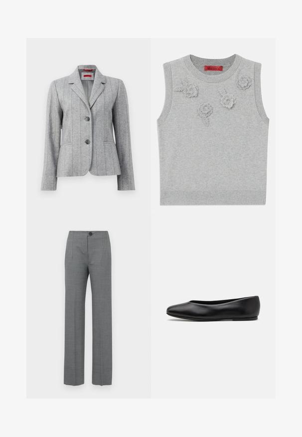 Harmaa räätälöity bleiseri, jossa on kara, kaksi etunappia, pystysuorat ommellut saumat ja etutaskut, esitelty valkoista taustaa vasten.; Vaaleanharmaa hihaton neule, jossa on ribbauspääntie ja -helmus. Edessä on kolme teksturoitua kukka-applikoitua. Brändilogo: MAX&Co.; Harmaat muotopuoliset housut, joissa on suora lahje, napilla suljettavat, sivutaskut ja sileä, tekstuuriainen kangas.; Paul Smith TOPANGA - Ballerinat - black