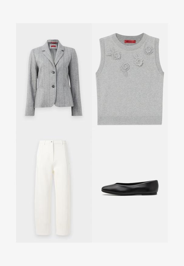 Grey tailored blazer with lapel collar, two front buttons, vertical stitched seams, and front pockets, displayed on a white background.; Light grey sleeveless sweater with a ribbed neckline and hem. Features three textured floral appliqués on the front. Brand label: MAX&Co.; White tailored trousers with a straight fit, front creases, zip and button closure, and side pockets. Smooth fabric with a matte finish.; Paul Smith TOPANGA - Ballet pumps - black