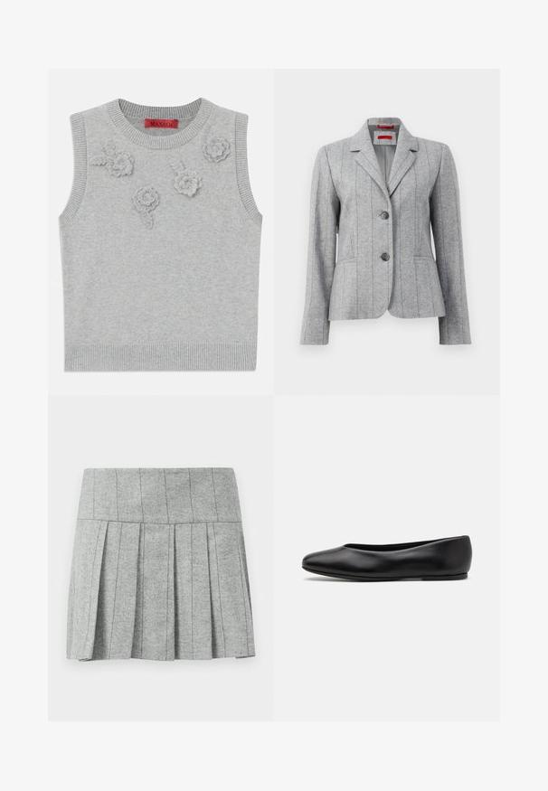 Pilkas pritaikytas švarkas su atlenkiamu apykakle, dviem priekiniais mygtukais, vertikaliais siūlėmis ir priekinėmis kišenėmis, pristatytas ant balto fono.; Šviesiai pilkas liemenės tipo megztinis be rankovių su gipiūro apykakle ir apačia. Priekyje yra trys tekstūriniai gėlių aplikacijos. Prekės ženklas: MAX&Co.; Pilkos plisuotos sijono pagamintas iš žuvies kaulų rašto audinio; turi struktūrizuotą juosmenį ir tiesią apatinę dalį.; Paul Smith TOPANGA - Balerinos stiliaus laivutės - black