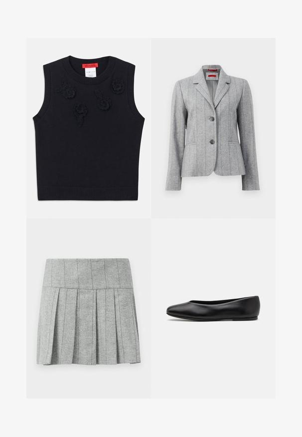 Grau taillierter Blazer mit Reverskragen, zwei vorderen Knöpfen, vertikalen Nahtnähten und Fronttaschen, auf einem weißen Hintergrund präsentiert.; Schwarzer ärmelloser Pullover mit einem gerippten Halsausschnitt und Saum. Verfügt über strukturierte Blumenauschnitte auf der Vorderseite. Weiches Strickmaterial.; Grauer, gefalteter Rock aus Fischgrätstoff; verfügt über einen strukturierten Bund und einen geraden Schnitt am Saum.; Paul Smith TOPANGA - Klassischer Ballerina - black