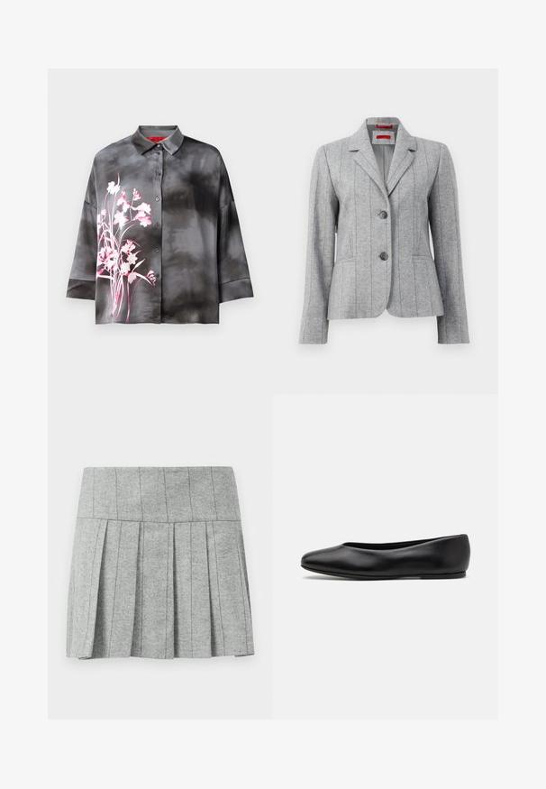 Grau taillierter Blazer mit Reverskragen, zwei vorderen Knöpfen, vertikalen Nahtnähten und Fronttaschen, auf einem weißen Hintergrund präsentiert.; Grau glänzende Bluse aus Satin mit einem rosa Blumenmuster, ausgestattet mit einer Knopfleiste, Kragen und Dreiviertelärmeln. Glatte Textur und lockere Passform.; Grauer, gefalteter Rock aus Fischgrätstoff; verfügt über einen strukturierten Bund und einen geraden Schnitt am Saum.; Paul Smith TOPANGA - Klassischer Ballerina - black