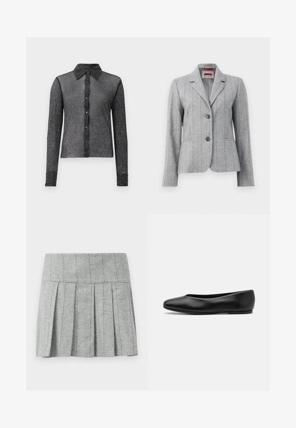 Grå skræddersyet blazer med slagkrave, to frontknapper, lodrette stikninger og frontlommer, præsenteret på en hvid baggrund.; Sort langærmet skjorte lavet af et struktureret, gennemsigtigt stof med knaplukning foran og klassisk krave. Har en subtil glans og tætsiddende design.; Grå plisseret nederdel lavet af stof med fishtail-mønster; har en struktureret talje og en lige skæring nederst.; Paul Smith TOPANGA - Ballerinasko - black