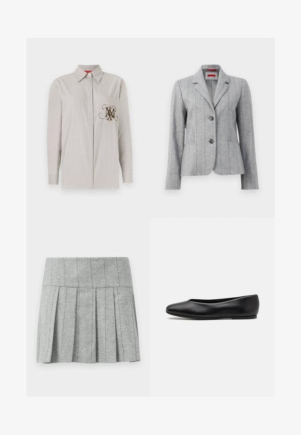 Grijze op maat gemaakte blazer met reverskraag, twee frontknopen, verticale gestikte naden en voortassen, weergegeven op een witte achtergrond.; Gestreepte overhemd in lichtbeige en bruin. Voorzien van een zak met een decoratieve bruine monogram. Lange mouwen met knoopmanchetten.; Grijze geplooide rok gemaakt van stof met een haringbone-patroon; heeft een gestructureerde tailleband en een rechte snit aan de onderkant.; Paul Smith TOPANGA - Ballerina's - black