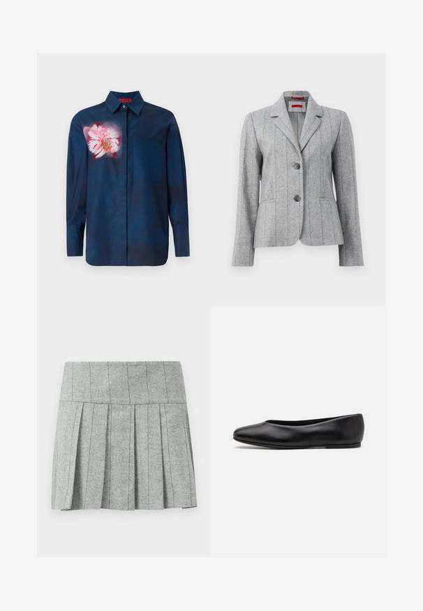 Blazer cinza sob medida com colarinho em lapela, dois botões frontais, costuras verticais e bolsos frontais, exposto em fundo branco.; Camisa azul marinho com um padrão floral em tons de rosa no lado esquerdo do peito, com colarinho de botão e um único bolso na frente.; Saia cinza plissada feita de tecido com padrão em espinha de peixe; apresenta uma cintura estruturada e um corte reto na parte inferior.; Paul Smith TOPANGA - Sabrinas - black