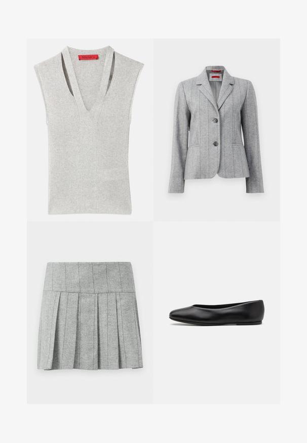 Harmaa räätälöity bleiseri, jossa on kara, kaksi etunappia, pystysuorat ommellut saumat ja etutaskut, esitelty valkoista taustaa vasten.; Harmaa hihaton paita, jossa on syvä V-pääntie, ribbitekstuuri ja huomaamattomat pystysaumat. Logotagi punaisena pääntiellä.; Harmaa ryppyhamonen, joka on valmistettu siikasahrapuuvillasta; siinä on rakenteellinen vyötärönauha ja suora leikkaus alareunassa.; Paul Smith TOPANGA - Ballerinat - black