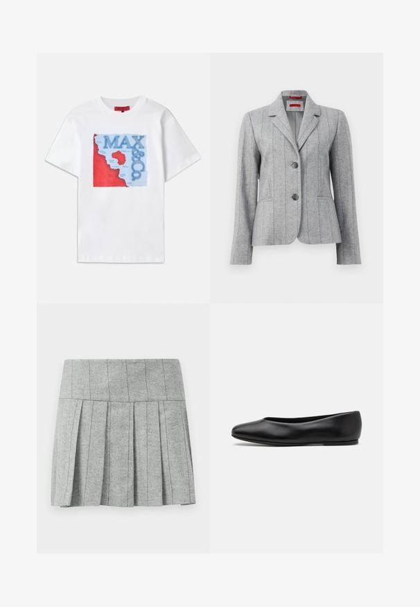 Grijze op maat gemaakte blazer met reverskraag, twee frontknopen, verticale gestikte naden en voortassen, weergegeven op een witte achtergrond.; Witte katoenen T-shirt met een kleurrijk grafisch ontwerp met rode en blauwe elementen, waarop een kaart wordt afgebeeld en de tekst "MAX & CO." prominently aanwezig is.; Grijze geplooide rok gemaakt van stof met een haringbone-patroon; heeft een gestructureerde tailleband en een rechte snit aan de onderkant.; Paul Smith TOPANGA - Ballerina's - black