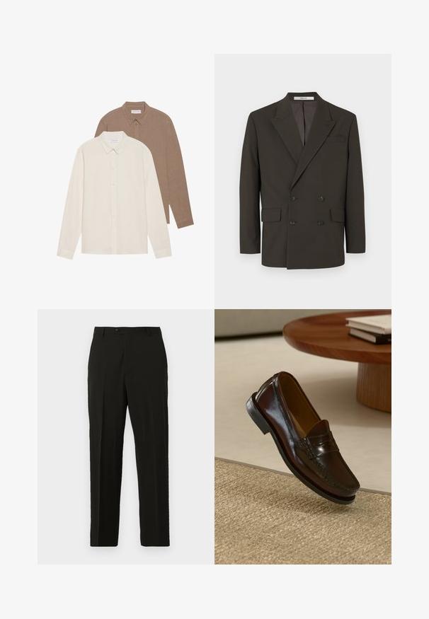 Dunkelbrauner, doppelt geknöpfter Blazer aus glattem Stoff, mit Reverskragen, zwei Vordertaschen und mattschwarzen Knöpfen.; Beige gestrickte ärmellose Sweater-Weste mit V-Ausschnitt, gerippter Textur und einem kleinen Lederlogo-Tag an der unteren linken Seite.; Zwei Langarmhemden: eines in Creme und eines in Braun, beide mit Button-Down-Kragen, sichtbarer Stoffstruktur, schlichtes Design und sichtbare Etiketten.; Schwarze maßgeschneiderte Hosen aus glattem Stoff, mit gerade geschnittenem Bein, Knopfverschluss und vorderen Falten für zusätzliche Struktur.; Braune Leder-Lederschuhe mit glänzender Oberfläche, die eine gestickte Detail entlang der Vorderseite und eine niedrigprofilierte schwarze Gummisohle aufweisen.