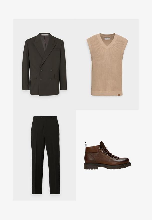 Blazer doppiopetto marrone scuro realizzato in tessuto liscio, con revers a crestina, due tasche frontali e bottoni neri opachi.; Gilet lavorato a maglia beige senza maniche con scollatura a V, texture a costine e un piccolo etichetta in pelle sul lato sinistro in basso.; Pantaloni neri su misura realizzati in un tessuto liscio, con una linea dritta, chiusura con bottone e pieghe frontali per una maggiore struttura.; Stivali ankle in pelle marrone con design robusto, superficie testurizzata, occhielli in metallo e suola in gomma spessa, dotati di chiusura con lacci e linguetta.