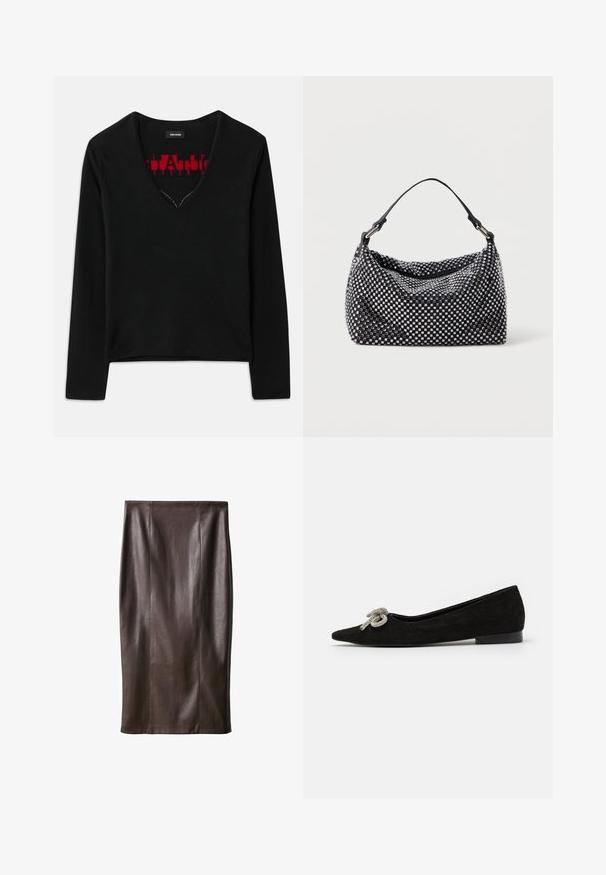 Schwarzer Samt-Ein-Knopf-Blazer mit Reverskragen, zwei vorderen Klapptaschen und langen Ärmeln, auf einem weißen Hintergrund präsentiert.; Schwarzes Langarmoberteil mit V-Ausschnitt, das ein kontrastierendes rotes Strickmuster innen hat. Glatte Textur, minimalistisches Design und normale Passform.; Vero Moda Tall VMLADY G STRING - Hemdbluse - snow white; Brauner Leder-Bleistiftrock mit glatter Textur, knielang, mit vertikalen Nähten zur Gestaltung. Keine zusätzlichen Beschläge oder Akzente.; Schwarzer Wildlederschuh mit spitzem Zeh, verziert mit einer dekorativen silbernen Schleife an der Vorderseite, mit niedrigem Absatz.; Schwarze und silberne Handtasche mit einer gewobenen, strukturierten Oberfläche, die quadratische Muster aufweist, einem einzelnen oberen Griff und einem lässigen Design.