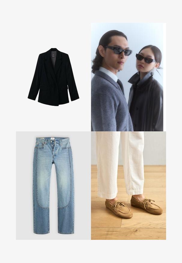 Čierny sametový blejzer s jedným gombíkom, s výkrojovými klopami, dvoma prednými pútavými vreckami a dlhými rukávmi, zobrazený na bielom pozadí.; Biela košeľa s dlhým rukávom a golierom vyrobená z bavlny. Má zapínanie na gombíky vpredu a jednu náprsníku vrecko. Hladká textúra, voľný strih.; Svetlomodré denimové džínsy so rovný, voľný strih, s kontrastnými panelovými detailmi a dizajnom s piatimi vreckami. Zapínanie na gombík.; Hnedé semišové loďkové topánky s šnúrkami, s okrúhlou špičkou a prešitými akcentmi. Nosia sa s bielymi kordovým nohavicami v drevenom prostredí.; Slnko-ochranné okuliare s ostrými čiernymi rámami na modeli v šedom svetri, ktorý predvádza textúrovanú pleteninu, a čierna kožená bunda nosená iným modelom.; Čierna a strieborná kabelka s tkaným, textúrovaným povrchom, ktorý má štvorcové vzory, s jedným horným uchom a uvoľneným dizajnom.