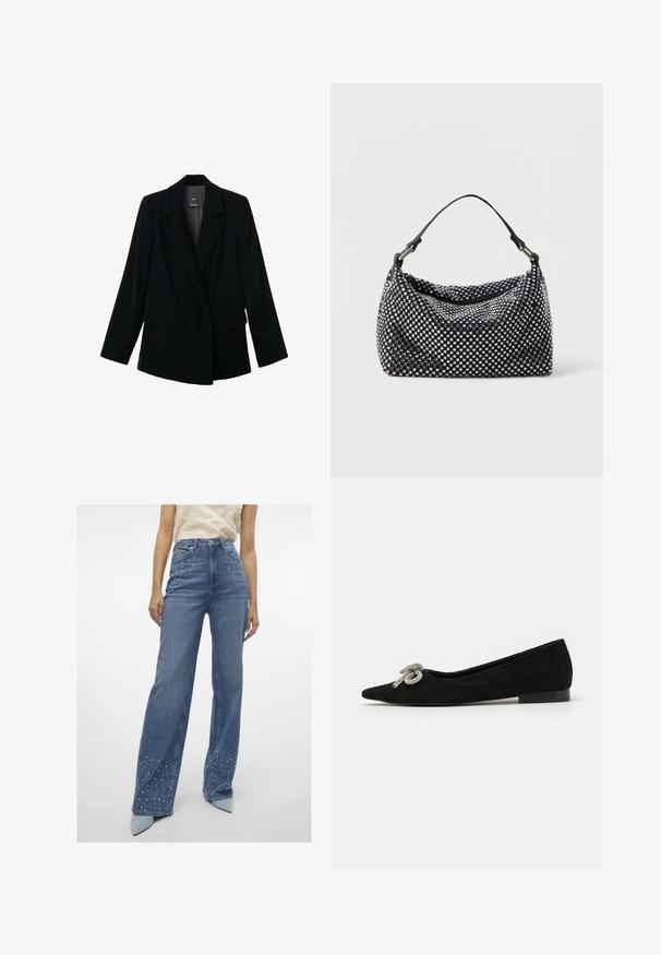 Sacou negru din catifea, cu un singur buton, cu rever-tip notch, două buzunare frontale cu clapă și mâneci lungi, expus pe un fundal alb.; Vero Moda Tall VMLADY G STRING - Cămașă - snow white; Vero Moda Tall VMTESSA PEARL - Blugi loose fit - medium blue denim; Pantof negri din suede, cu vârful ascuțit, decorat cu un detaliu de fundiță argintie pe partea din față, având un toc mic.; Geantă de mână neagră și argintie, cu o suprafață texturată împletită, având motive pătrate, o singură mânere superioară și un design lejer.