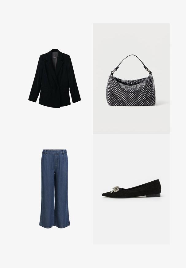 Zwarte fluwelen blazer met één knoop en notch revers, twee voormuizenzakken en lange mouwen, weergegeven op een witte achtergrond.; Vero Moda Tall VMLADY G STRING - Overhemdblouse - snow white; Rechtemodel donkere blauwe denim broek met een elastische tailleband en riemlussen, zonder zichtbare zakken, weergegeven tegen een witte achtergrond.; Zwarte suède platte schoen met een puntige neus, versierd met een decoratieve zilveren strik aan de voorkant, en met een lage hak.; Zwart en zilveren handtas met een geweven, gestructureerd oppervlak dat vierkante patronen bevat, een enkele bovenhandgreep en een slungelige vorm.